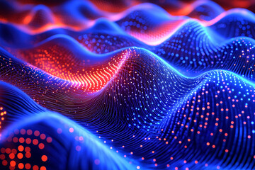 Poster - Abstract landscape of glowing dots and lines in blue and red creating a sense of depth and movement