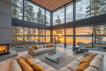 Poster - Modern glass house with stunning sunset view over lake surrounded by trees in a serene landscape