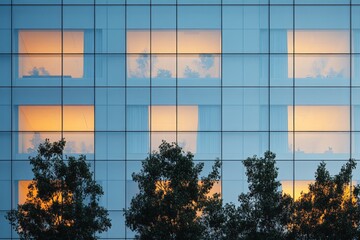 Leinwandbilder - Modern architectural design showcases illuminated windows reflecting sunset hues in an urban setting
