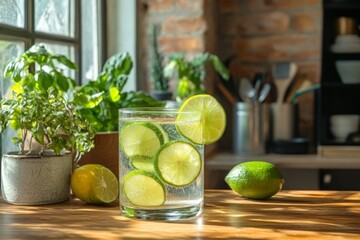 Aufkleber - Refreshing drink with lime slices in a modern kitchen bathed in natural light