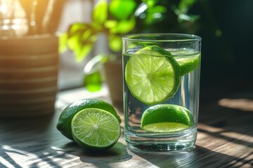 Poster - Refreshing drink with lime slices in clear glass surrounded by vibrant green plants in bright light