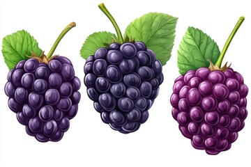 Aufkleber - Three types of blackberries with green leaves on a white background showcasing their rich colors and textures