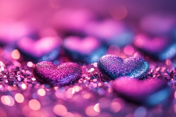 Poster - Colorful sparkling hearts on a glittery surface create a romantic atmosphere for celebrations and special occasions