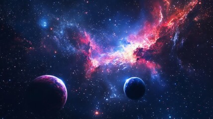 Poster - A mesmerizing cosmic background showcasing bright nebulas, planets, and endless star clusters.