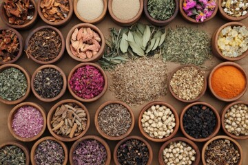 Poster - Variety of dried herbs and spices arranged in clay bowls on a wooden table for culinary use
