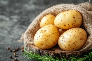 Poster - Freshly harvested potatoes wrapped in burlap on a wooden surface with scattered spices
