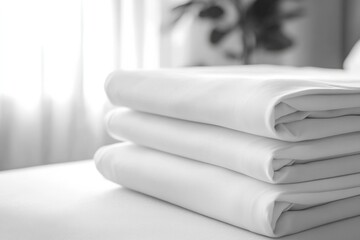 Poster - Freshly folded white linens stacked on a bed in a sunlit room during the morning hours