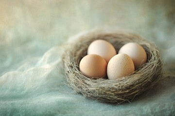 Poster - Natural eggs nestled in a soft woven nest on a gentle blue background creating a serene and peaceful atmosphere