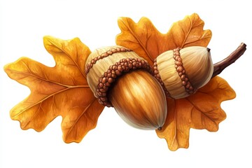 Poster - Acorns resting on vibrant autumn leaves showcasing seasonal beauty in nature