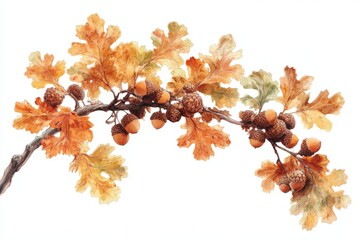 Poster - Autumn oak branch with golden leaves and acorns displayed against a white background
