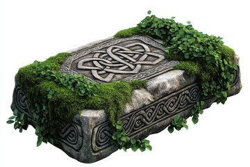 Poster - Ancient stone slab covered in vibrant green moss and leaves showcases intricate Celtic knot design