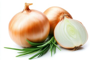 Poster - Fresh onions and herbs arranged on a white background ready for cooking