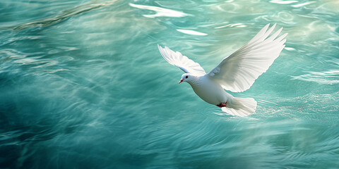 Poster - White dove in flight over teal water, wings outstretched, symbolizing peace, hope, and freedom, ideal for serenity or spiritual themes