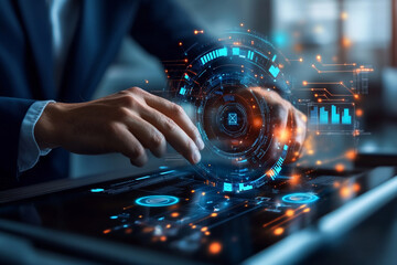 Poster - A person interacting with a holographic interface with glowing blue and orange elements displayed