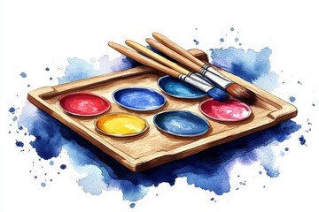 Poster - Watercolor palette with brushes set on a wooden tray surrounded by colorful splashes in a bright art studio