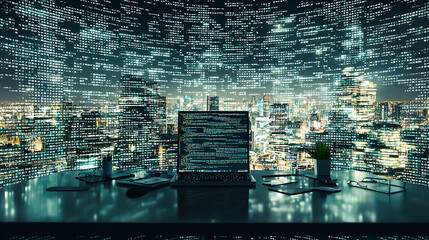Futuristic city view, laptop with code