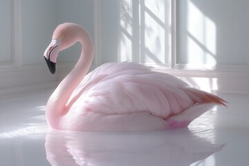 Aufkleber - Elegant pink flamingo gracefully floating in tranquil water within a sunlit room