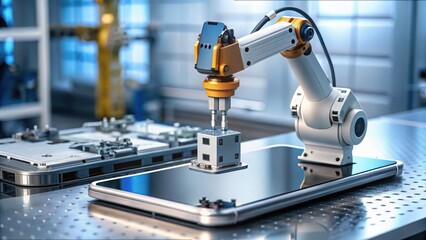 Poster - Robotic Arm Assembling Smartphone Parts in High-Tech Environment