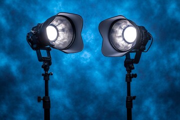 Poster - Professional studio lighting setup illuminating a vibrant blue backdrop for photography sessions