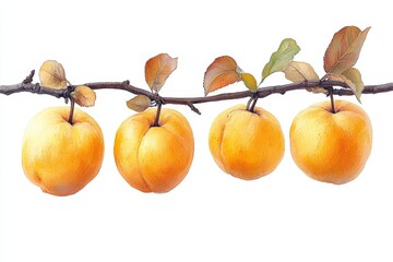 Poster - Four ripe golden apples hanging from a branch with leaves in a bright setting in a garden