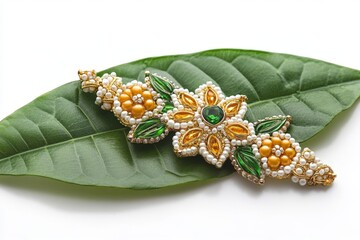 Aufkleber - Beautiful handcrafted traditional jewelry piece displayed on a green leaf surrounded by natural light
