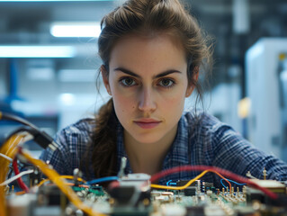 Aufkleber - focused woman working on electronic circuitry in tech lab, showcasing concentration and expertise