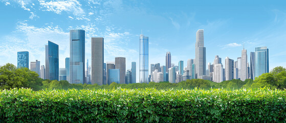 Poster - futuristic city skyline with advanced technology and greenery. scene is vibrant and modern