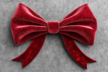 Poster - Elegant red velvet bow on a textured grey background ideal for festive decorations or gift wrapping