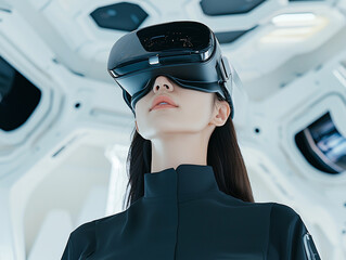 Poster - woman in futuristic attire wearing virtual reality headset in sci fi setting