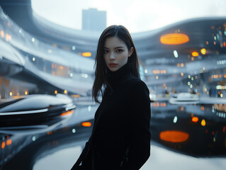 Poster - woman in futuristic attire stands confidently in sleek, modern cityscape
