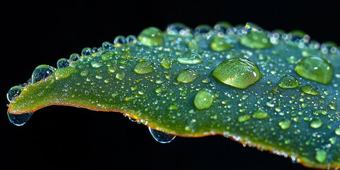 Poster - close up of succulent leaf covered in glistening water droplets against dark background