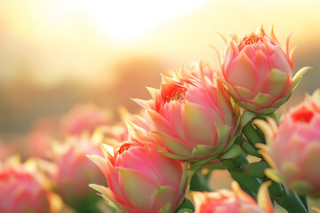 Poster - Close-up of pink cactus flowers at sunset, soft light, delicate petals, showcasing natural beauty and serenity, ideal for spring or summer themes