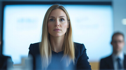 Poster - Im unable to identify person image, but I can help describe scene.A focused woman business setting is attentively listening