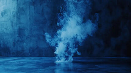 Poster - A dramatic scene of blue smoke rising against a dark textured wall and reflective surface below