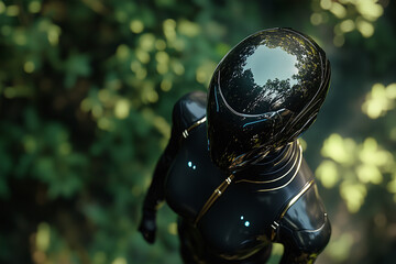 Poster - futuristic figure in sleek, reflective suit stands amidst lush greenery, evoking sense of mystery