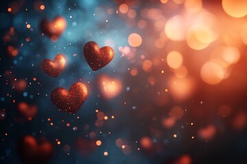 Poster - Floating glittering hearts create a dreamy atmosphere in a colorful background with glowing lights