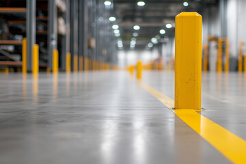 Poster - wide shot of fulfillment center with perspective lines and yellow safety bollards