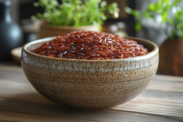 Poster - Red rice displayed in a rustic bowl amidst vibrant greenery on a wooden table