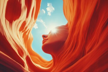 Poster - Woman enjoying natural light in a canyon with vibrant orange rock formations during midday