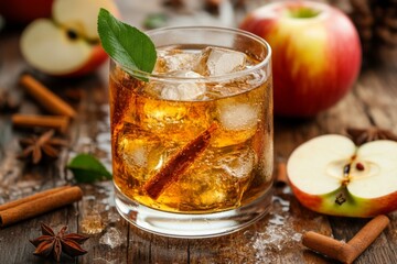 Poster - Refreshing apple cinnamon cocktail with ice served on wooden table with spices and fruit