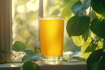 Poster - Refreshing yellow drink served in a glass with sunlight filtering through nearby leaves on a serene afternoon