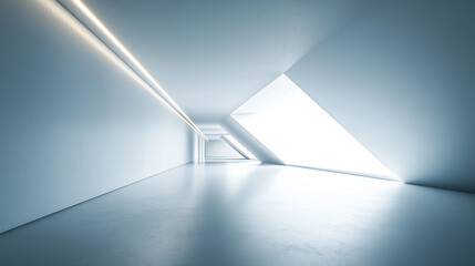 Poster - A futuristic hallway with white walls and bright light shining through the end of the corridor space