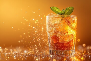 Poster - Refreshing beverage with ice and mint in a sparkling glass during sunset