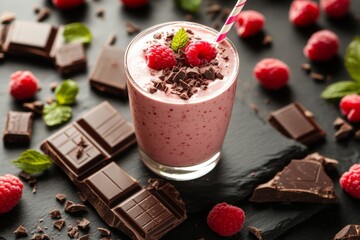 Poster - Indulgent raspberry chocolate smoothie garnished with fresh raspberries and mint on a dark slate surface