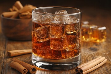 Poster - Refreshing beverage with ice and cinnamon sticks on rustic wooden table in cozy setting