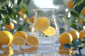 Poster - Refreshing lemon and orange drink with bubbles in a glass pitcher surrounded by fresh fruits and greenery