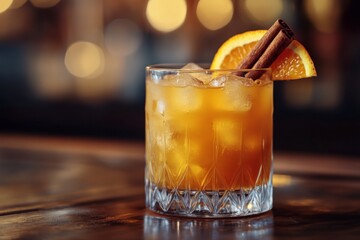Poster - Refreshing cocktail with orange slice and cinnamon stick served in elegant glass on wooden table in cozy bar ambiance