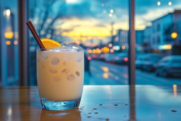 Poster - Refreshing cocktail with ice and orange slice at sunset in a city bar