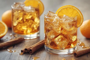 Poster - Refreshing cocktails with orange slices and cinnamon sticks on a wooden table during a sunny afternoon