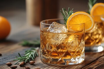 Poster - Classic cocktail with ice, citrus, and herbs on rustic wooden table during evening gathering